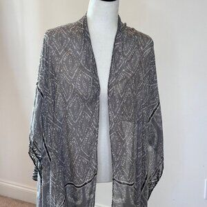 Gray Boho Geometric Kimono Lightweight Sheer Tassel Trim Shawl Wrap